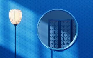 Chinese screen and lamp with blue background, 3d rendering. photo