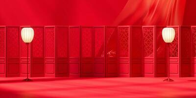 Chinese screen and lamp with red background, 3d rendering. photo