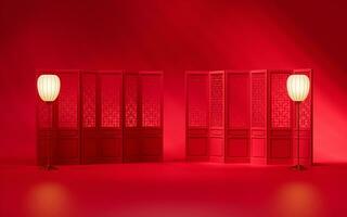 Chinese screen and lamp with red background, 3d rendering. photo