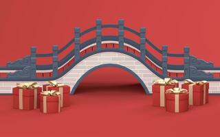 Chinese style bridge with red background, 3d rendering photo