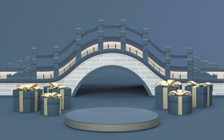 Chinese style bridge with blue background, 3d rendering photo