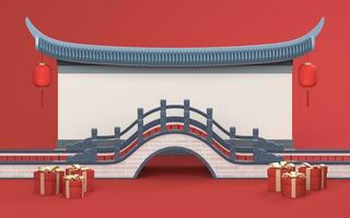 Chinese style bridge with red background, 3d rendering photo