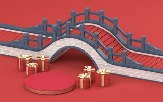 Chinese style bridge with red background, 3d rendering photo