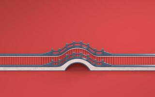 Chinese style bridge with red background, 3d rendering photo