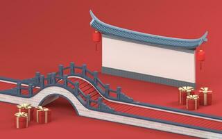 Chinese style bridge with red background, 3d rendering photo