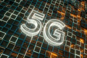 Font 5G with sci-fi square background, 3d rendering. photo