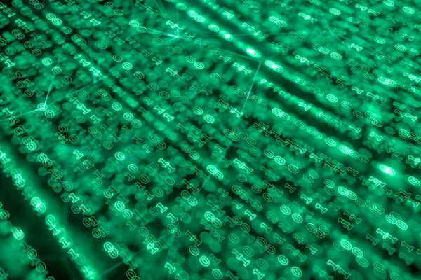 Digital binary data and streaming binary code background, 3d rendering.
