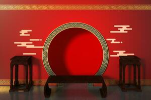 Chinese style red background, festival decoration, 3d rendering. photo