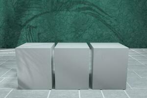 Cube platform with plant shadows on the green wall, 3d rendering. photo