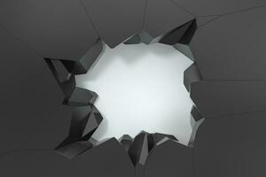 Crack hole on the dark metal wall, 3d rendering. photo