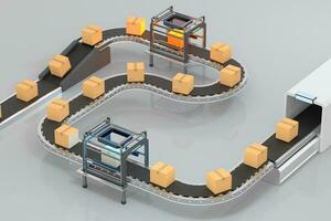 transmitiendo de embalaje caja en el transportador cinturón, 3d representación. foto