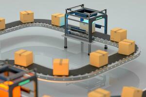 Transmitting of packaging box on the conveyor belt, 3d rendering. photo