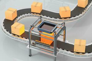 transmitiendo de embalaje caja en el transportador cinturón, 3d representación. foto