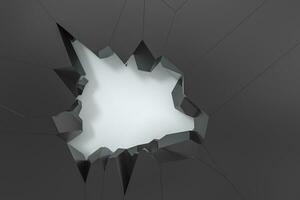 Crack hole on the dark metal wall, 3d rendering. photo