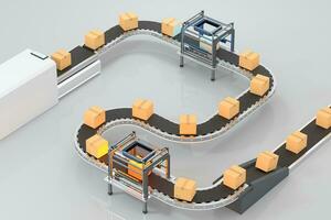 transmitiendo de embalaje caja en el transportador cinturón, 3d representación. foto