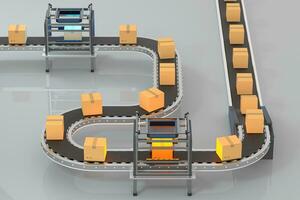 transmitiendo de embalaje caja en el transportador cinturón, 3d representación. foto