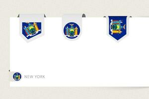 Label flag collection of US state New York in different shape. Ribbon flag template of New York vector