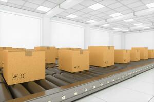 Transportation of the container box on the conveyer belt, 3d rendering photo