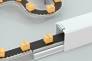 Transmitting of packaging box on the conveyor belt, 3d rendering. photo