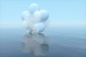 pelotas y nubes flotante en el lago, tranquilo escena, 3d representación. foto