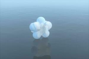 pelotas y nubes flotante en el lago, tranquilo escena, 3d representación. foto