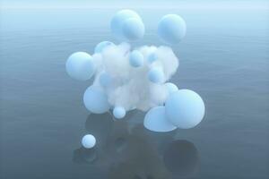 pelotas y nubes flotante en el lago, tranquilo escena, 3d representación. foto