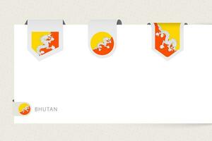 Label flag collection of Bhutan in different shape. Ribbon flag template of Bhutan vector