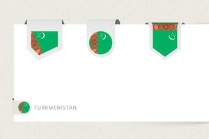 Label flag collection of Turkmenistan in different shape. Ribbon flag template of Turkmenistan vector