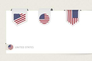 Label flag collection of United States in different shape. Ribbon flag template of USA vector