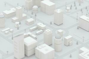 céntrico edificio, simulación ciudad, 3d representación. foto
