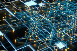 Circuit board and current data, data background, 3d rendering. photo