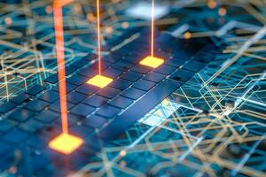 Circuit board and current data, data background, 3d rendering. photo