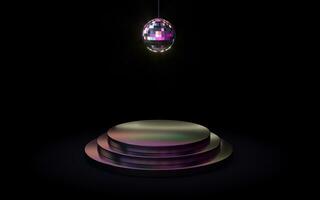 Empty metal product platform with a disco ball on the top, 3d rendering. photo