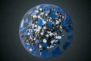 The broken pieces of the crystal and balls in the grid sphere, 3d rendering. photo