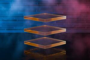 Glowing geometric shape with brick background, 3d rendering. photo