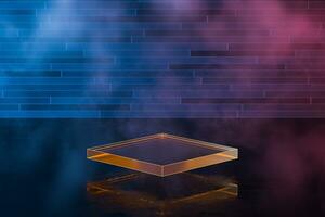 Glowing geometric shape with brick background, 3d rendering. photo