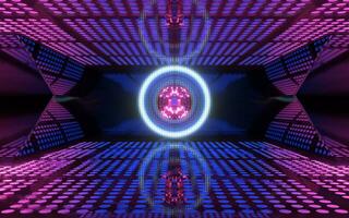 Shiny disco ball with neon light background, 3d rendering. photo