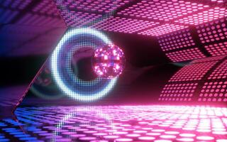 Shiny disco ball with neon light background, 3d rendering. photo