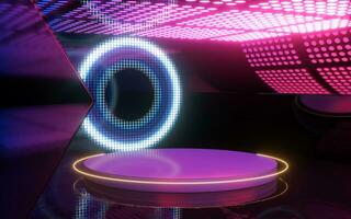 Neon light room with round stage in the center, 3d rendering. photo