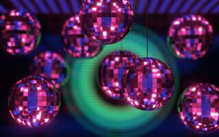 Shiny disco ball with neon light background, 3d rendering. photo