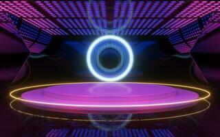 Neon light room with round stage in the center, 3d rendering. photo