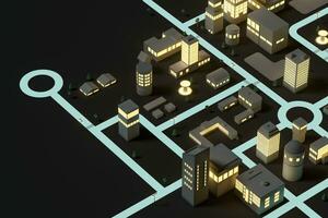 céntrico edificio a noche, simulación ciudad, 3d representación. foto