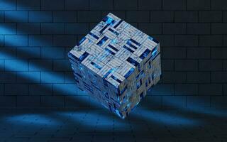 Cubes and materials with dark room, 3d rendering. photo