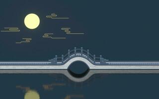 Chinese style bridge with full moon background, 3d rendering. photo