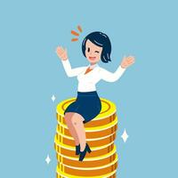 Vector cartoon business concept businesswoman with big coin stack