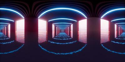 Dark tunnel, futuristic concept, 3d rendering. 360-degree seamless panoramic view. photo