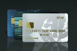 pila de banco tarjeta con negro fondo, 3d representación. foto