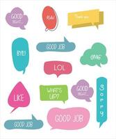 Set of speech bubbles with short phrases yes, thank you, ok, omg, hello, sorry, welcome. vector