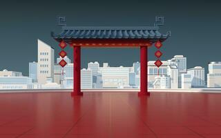 Chinese gate with white urban model , 3d rendering. photo