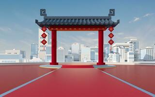 Chinese gate with white urban model , 3d rendering. photo